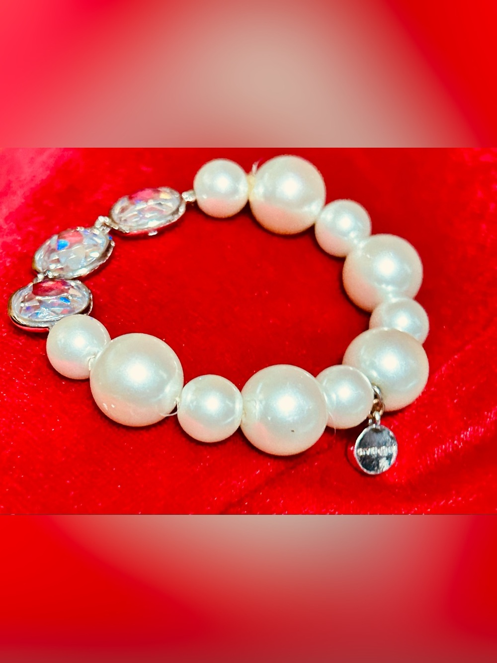 Vintage Givenchy White Pearl Stretch Bracelet  with Crystals